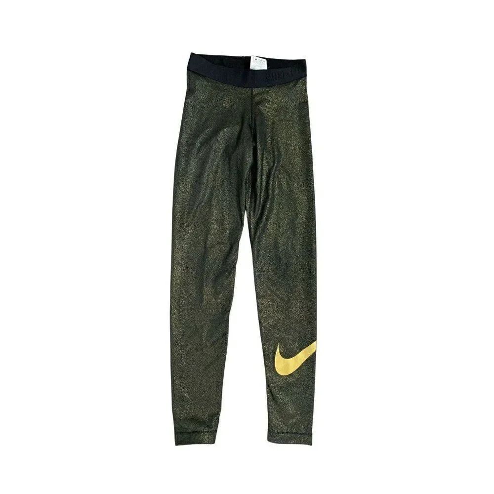 nike pro womens black metallic gold athletic leggings xs